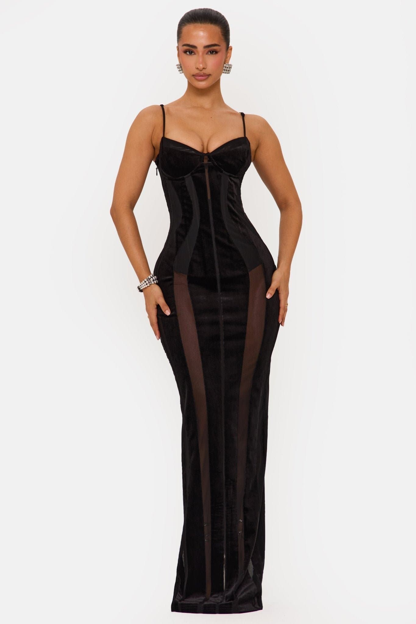 Scandal Velvet Panelled Maxi Dress with Internal Boned Corset