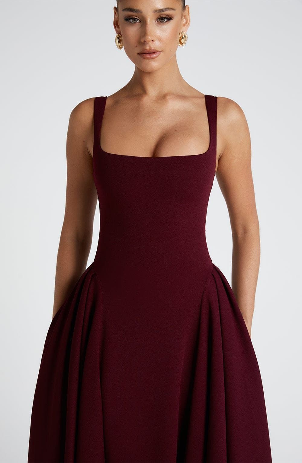 Betty Midi Dress in Cherry Lacquer - Stretch Crepe Square Neckline