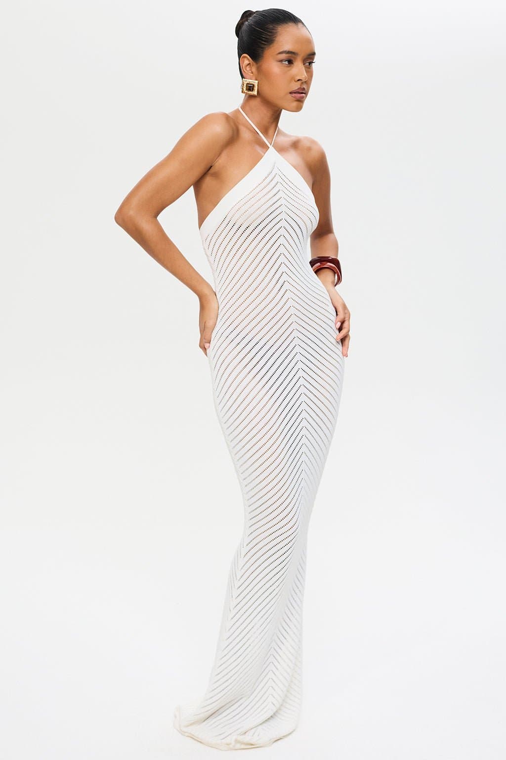 White Knitted Halter Neck Maxi Dress with Chevron Details and Stretch Fabric