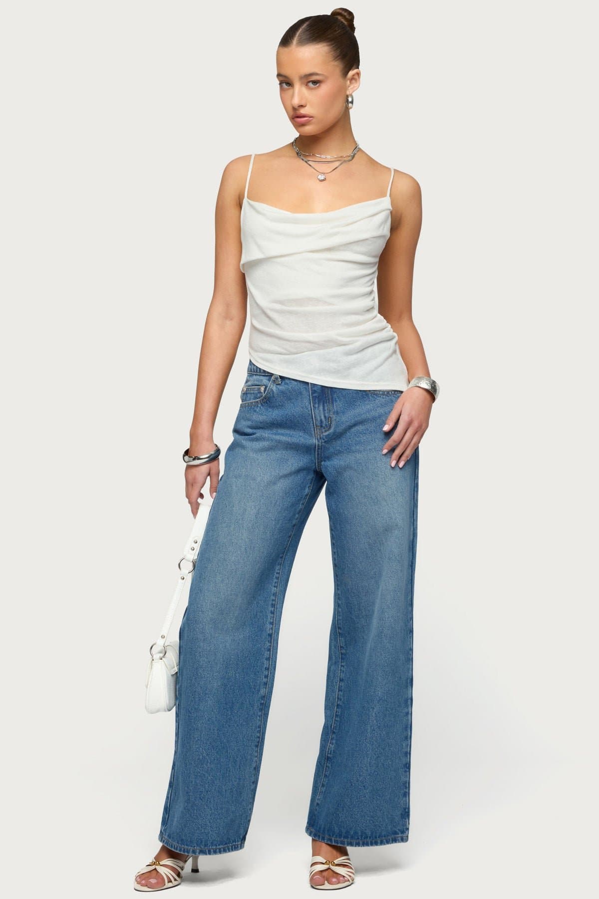 Asymmetric Cowl Neck Tank Top with Adjustable Straps - Lyocell Polyester Linen