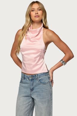 Satin Effect Backless Cowl Neck Top with Adjustable Straps