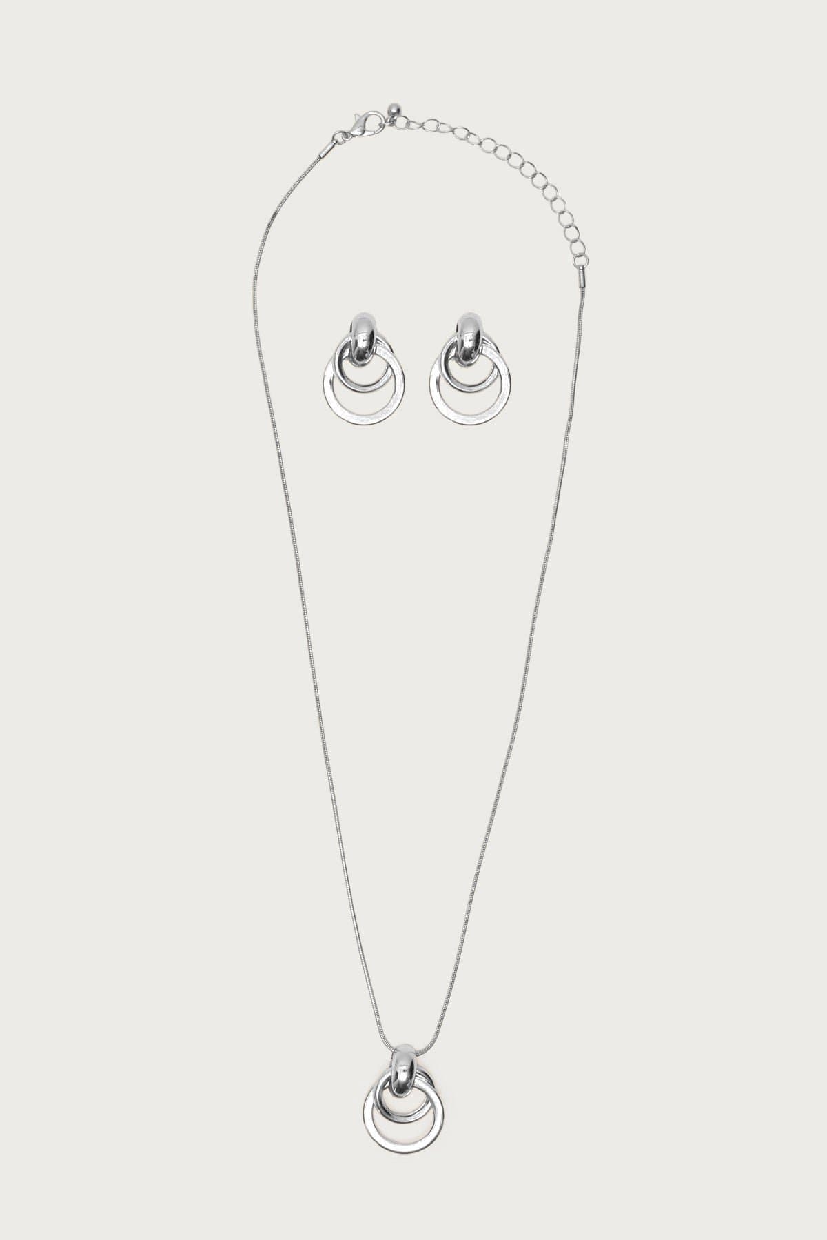 Paired Hoops Necklace and Earrings Set in Silver Tone Metal