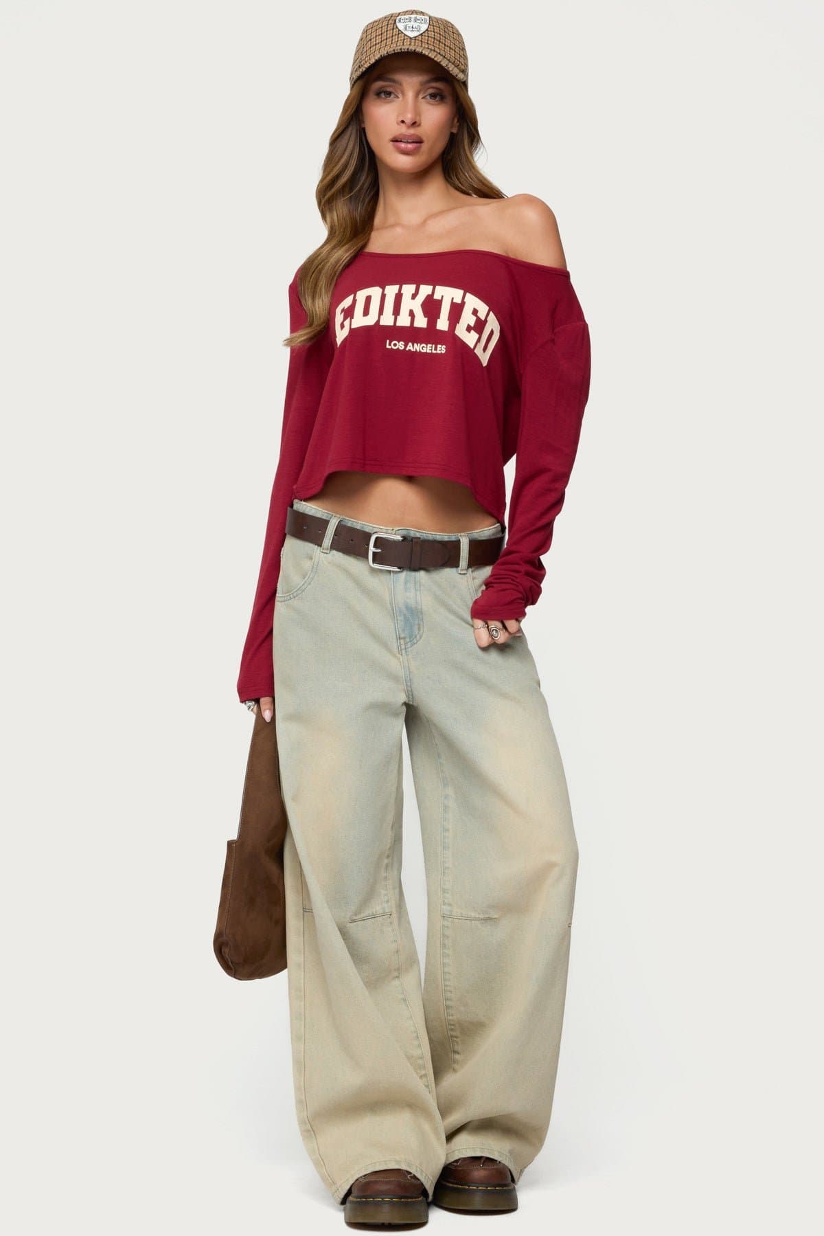 LA Babe Off Shoulder Long Sleeve Top - Cotton Spandex Edikted Graphic