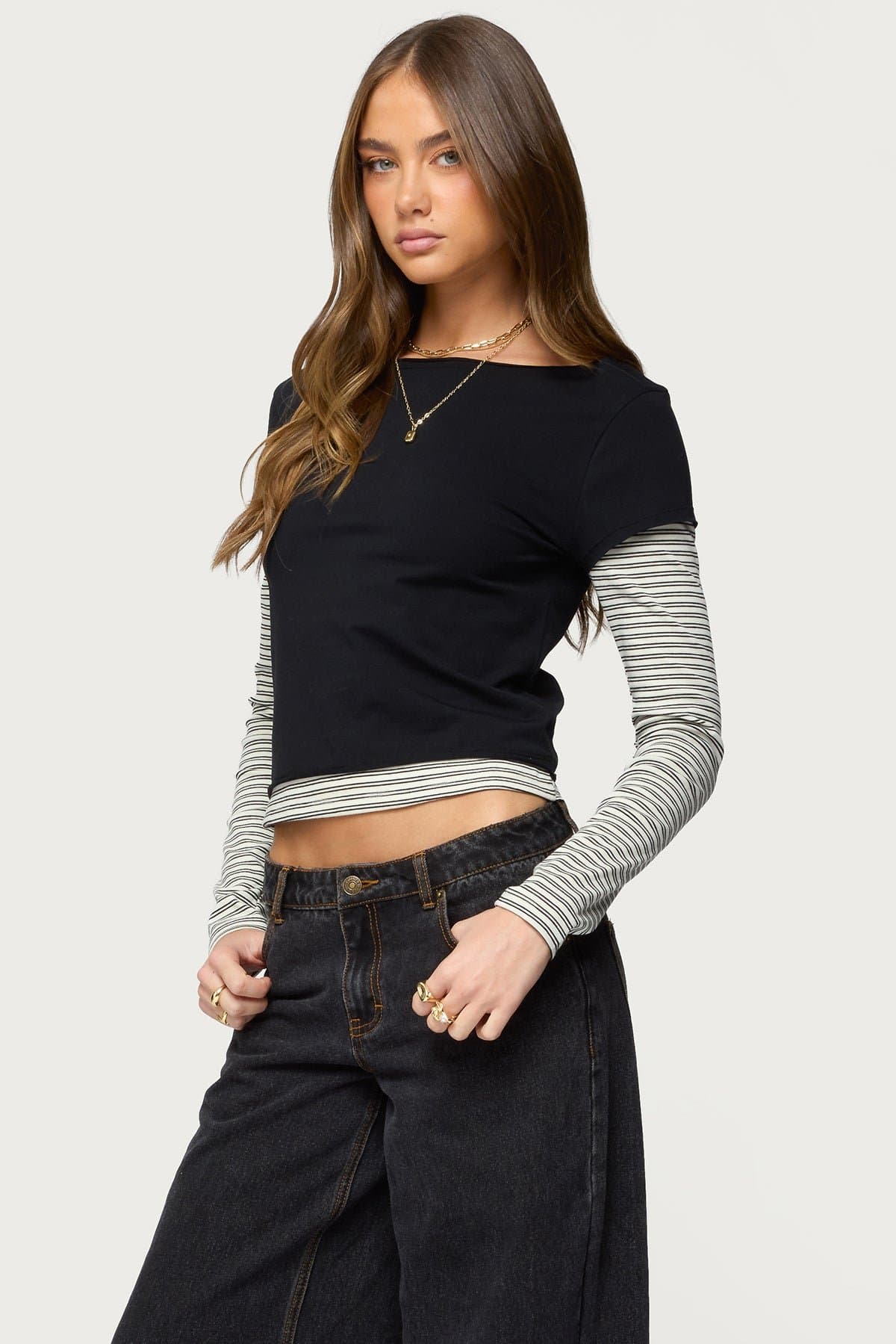 Layered Striped Long Sleeve T-Shirt - Cotton Spandex Unisex