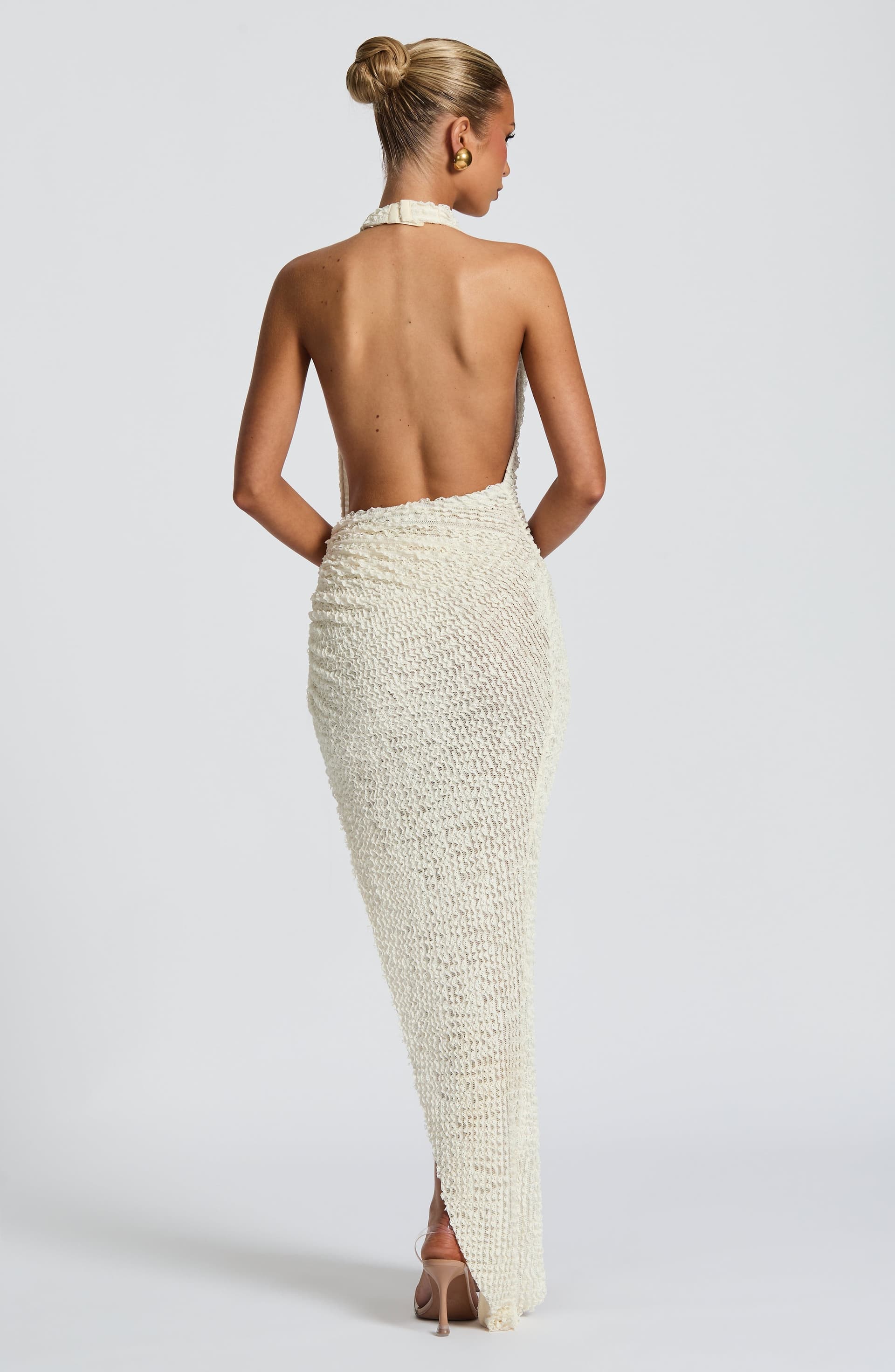 Airla Midi Dress in Ivory - Textured Fabric, Plunge Cowl Neckline, Backless, Asymmetric Skirt