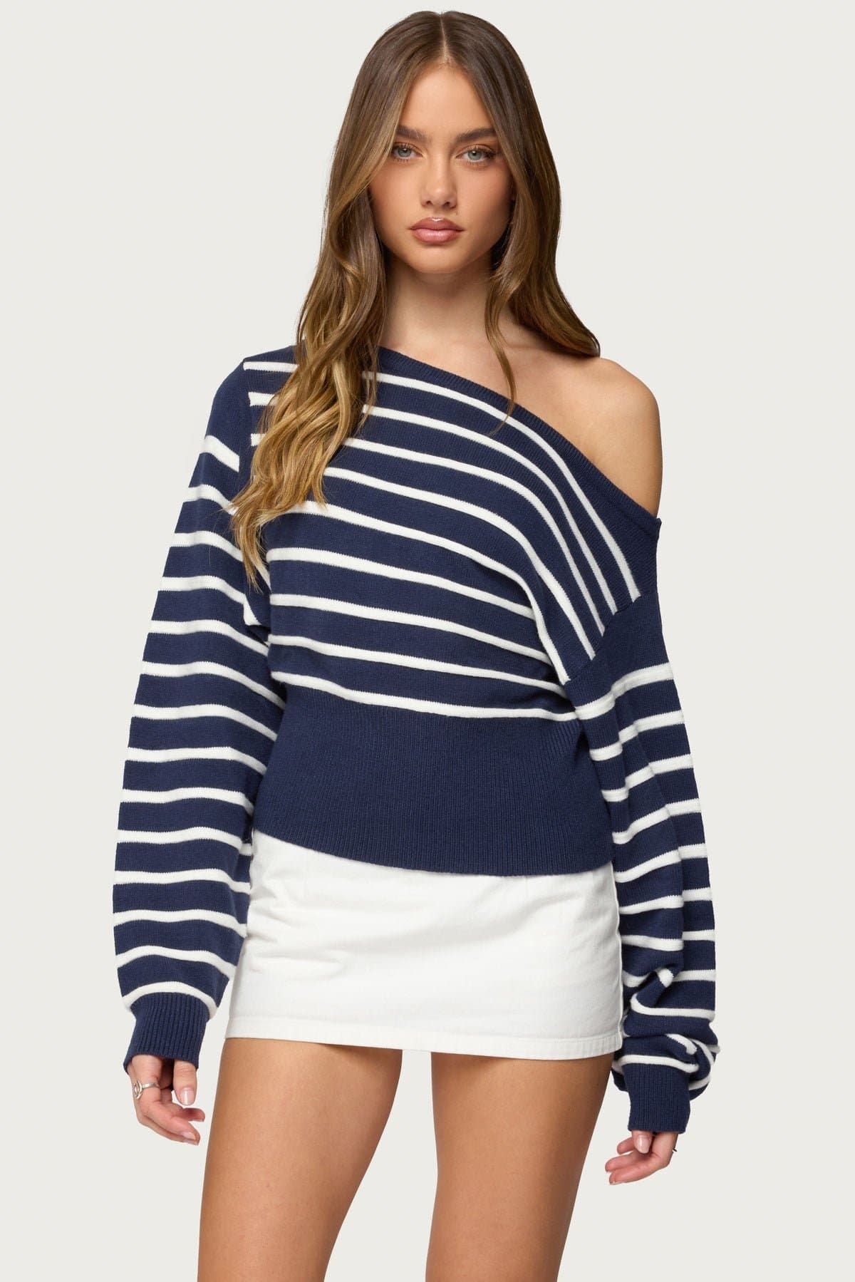 Mika Off Shoulder Oversized Striped Knit Sweater - Rayon Polyester Nylon