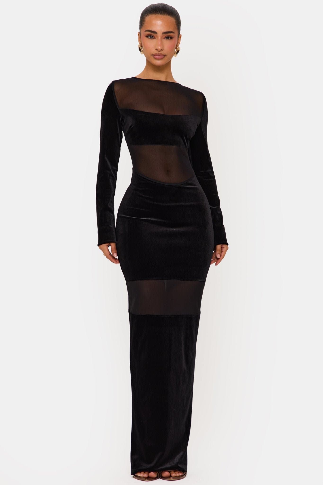 Noir Maxi Long Sleeve Black Dress with Mesh and Velvet Panels