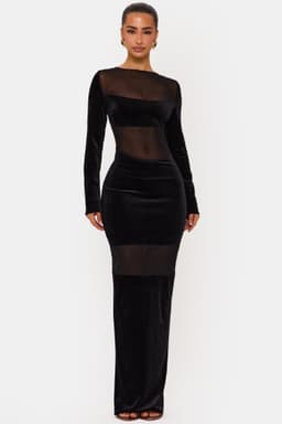 Noir Maxi Long Sleeve Black Dress with Mesh and Velvet Panels