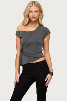 Asymmetric Off Shoulder Wrap Top in Rayon Polyester
