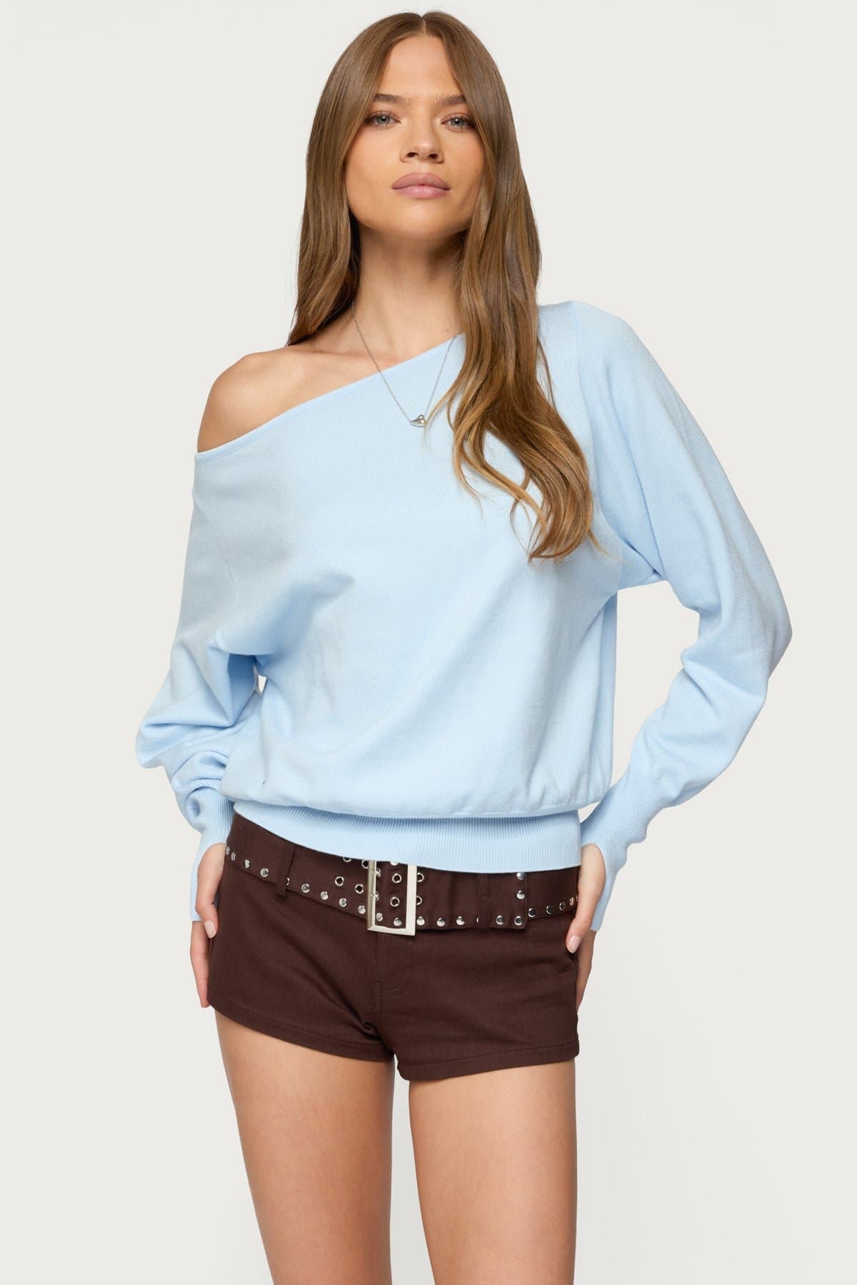 Off Shoulder Oversized Acrylic Sweater with Thumb Holes - Elastic Hem & Cuffs