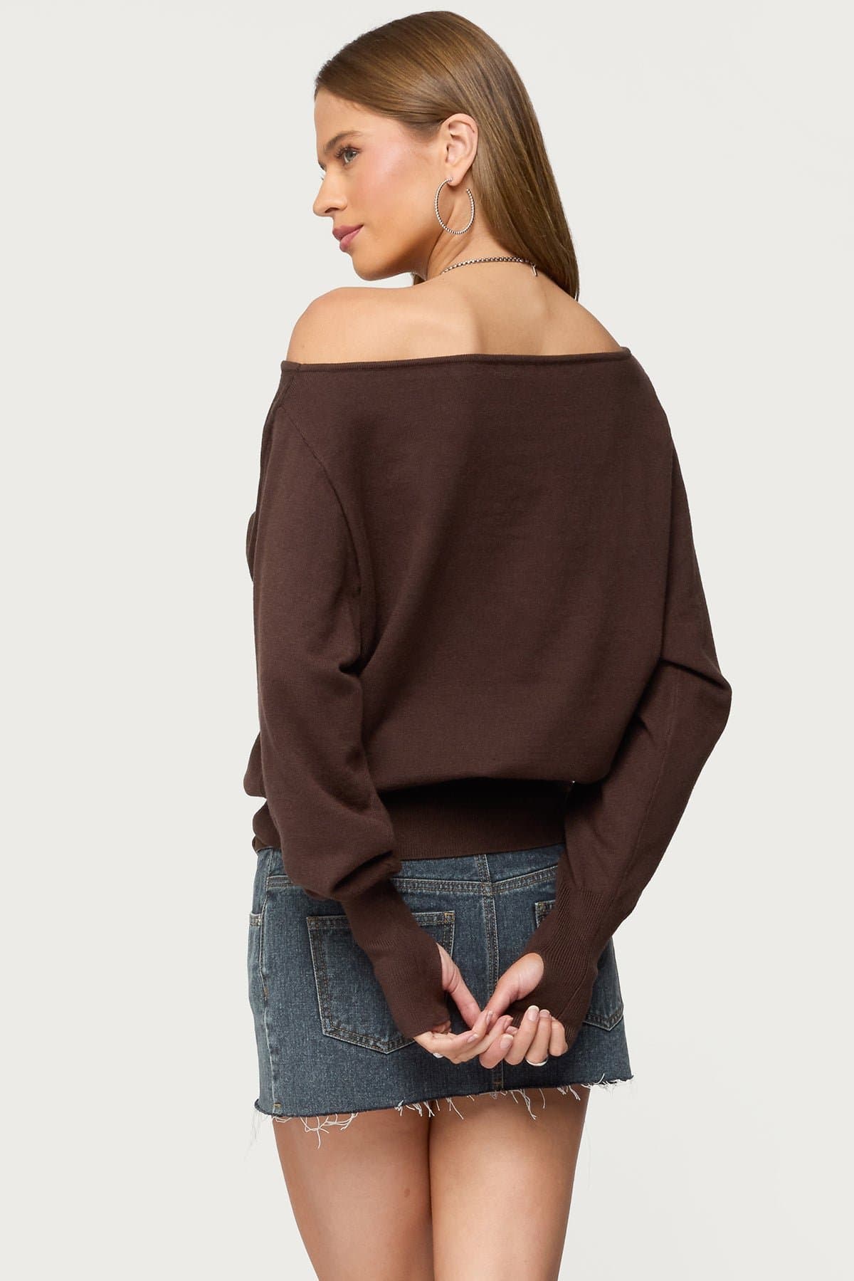 Off Shoulder Oversized Acrylic Sweater with Thumb Holes - Elastic Hem & Cuffs