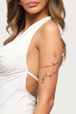 Drop Bead Wrapped Arm Cuff in Silver Tone Metal - 3.9 Inch Length