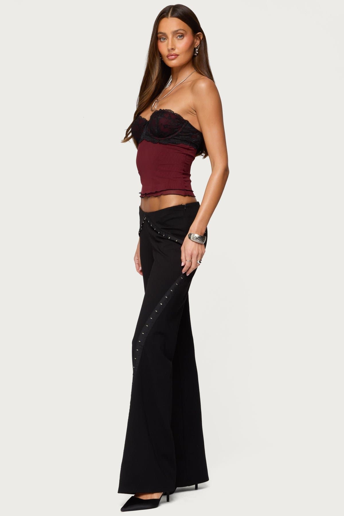 Contrast Lacey Mesh Strapless Bra Top - Nylon Spandex Layered Fabric