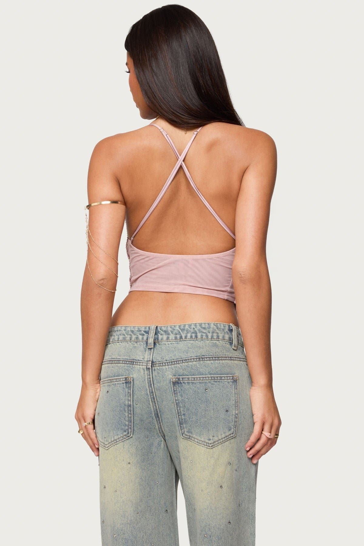 Elenie Fringed Cowl Neck Top with Adjustable Crisscross Straps and Side Mesh Panels