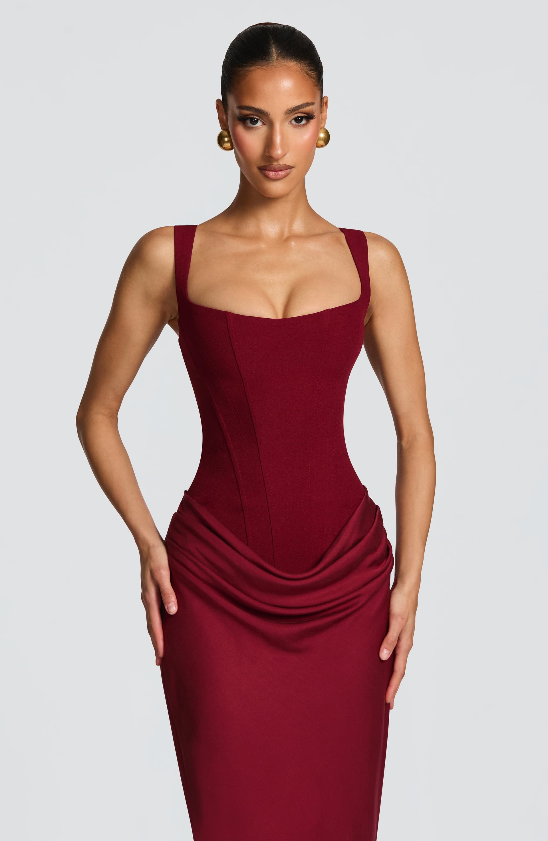 Cornelia Maxi Dress in Burgundy - Crepe Bodice Lyocell Skirt Square Neck Boned