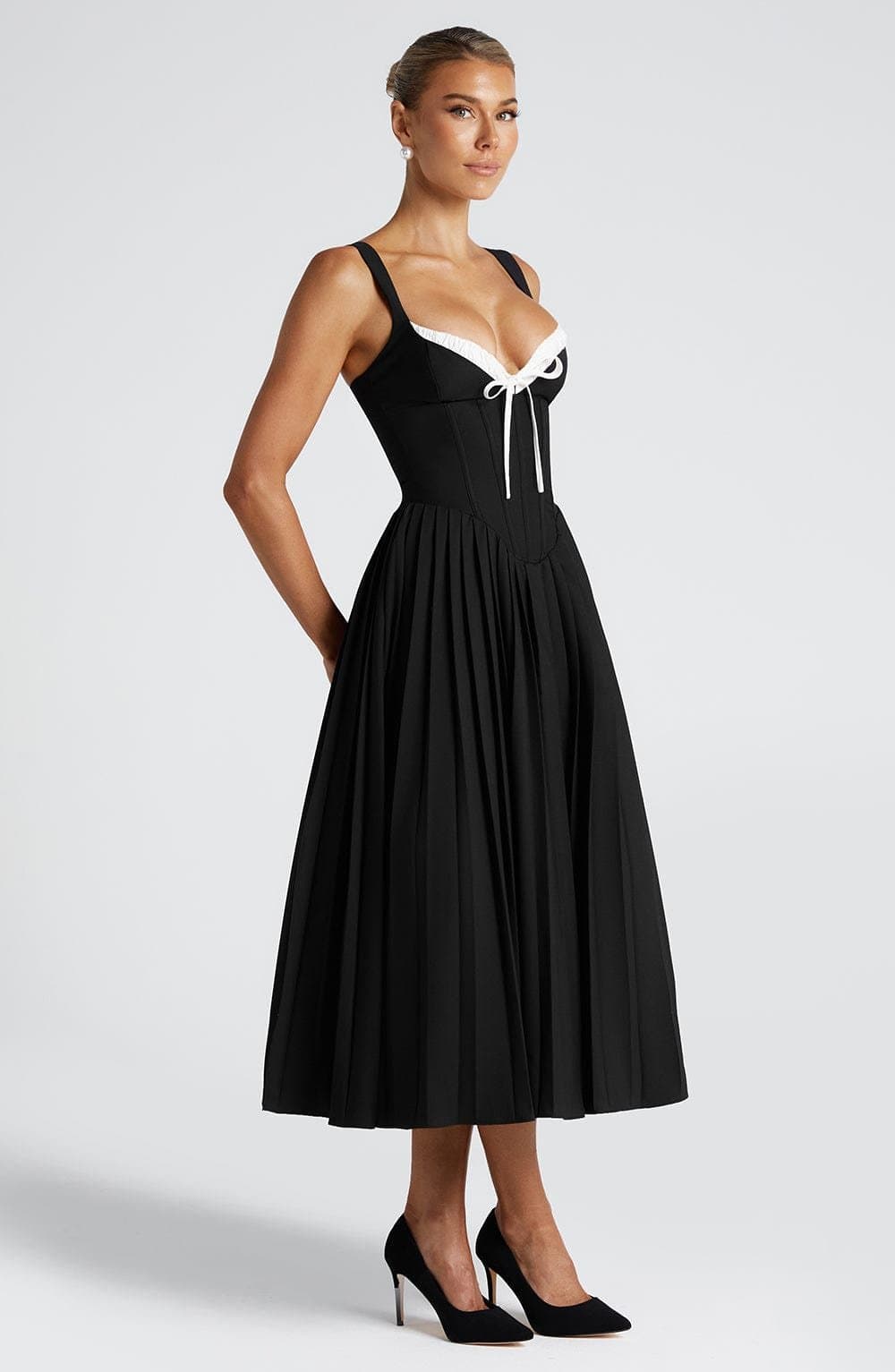 Natassia Midi Dress - Black White Fan Straps Sweetheart Neckline Lace-Up Back