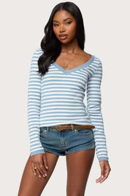 Kimi Striped Long Sleeve V Neck Top - Cotton Spandex Contrast Trim