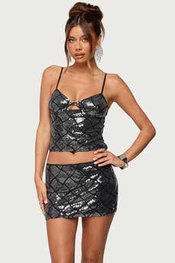 Stajie Diamond Sequin Cut Out Tank Top with Adjustable Straps Polyester