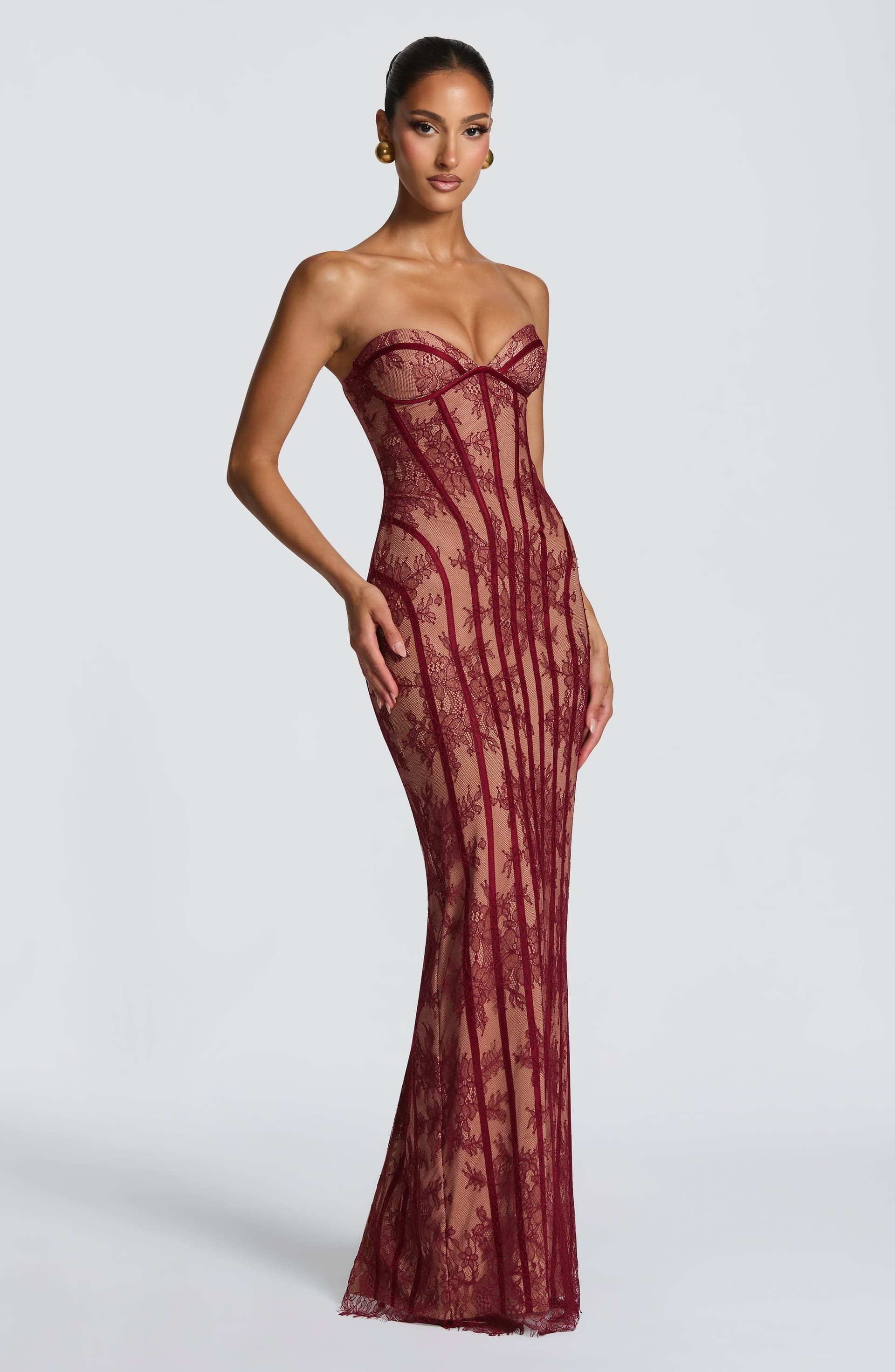Sian Burgundy Floral Lace Strapless Maxi Dress with Underwire Cups
