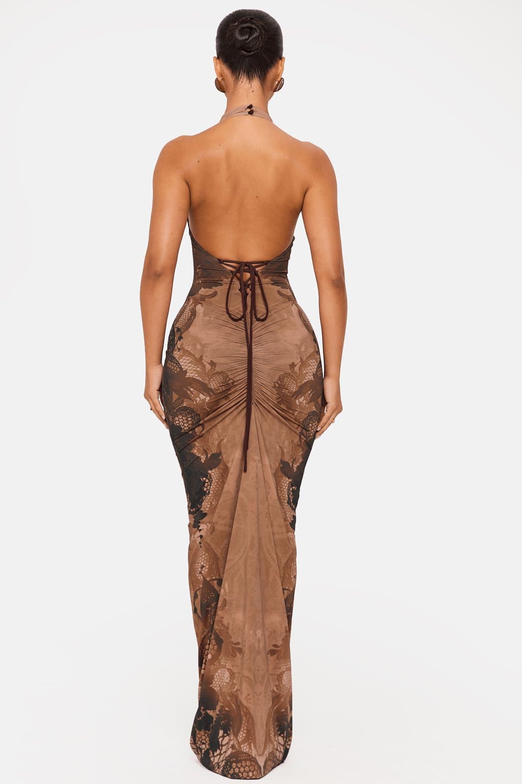 Allure High Neck Cowl Maxi Dress Brown Lace Print Polyamide Elastane