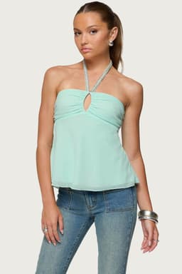 Sequin Chiffon Keyhole Halter Top with Smocked Back and Ruched Bust