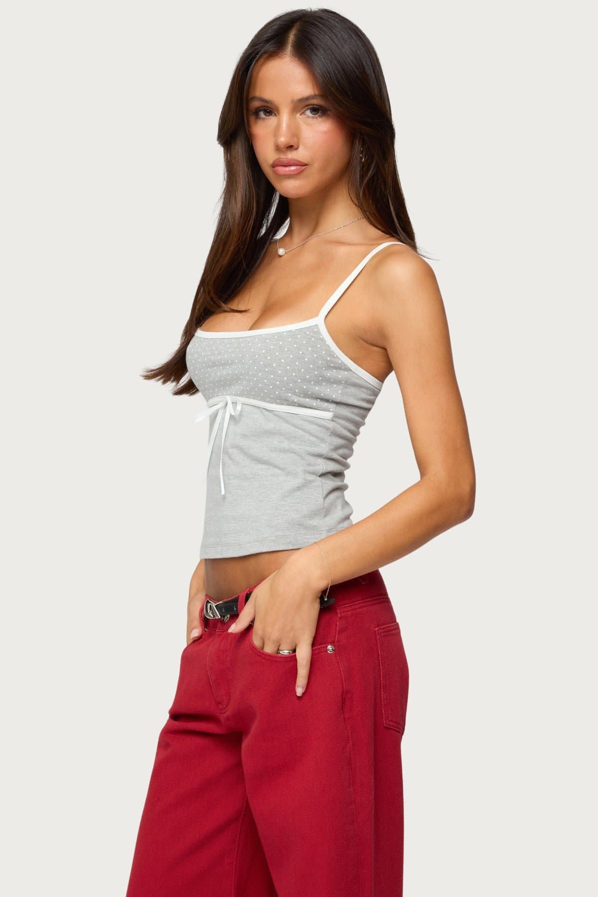 Rhoda Contrast Polka Dot Tank Top with Adjustable Straps and Ribbon Tie