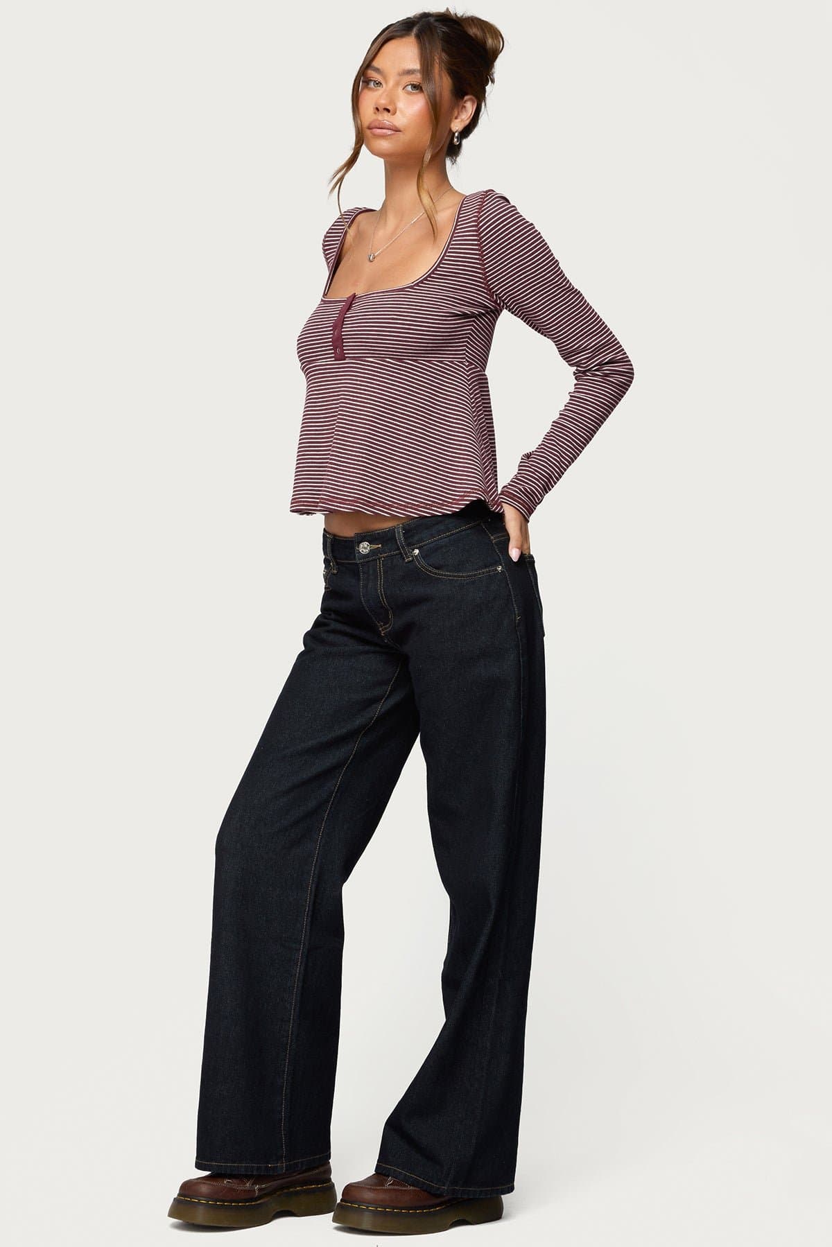 Sare Striped Babydoll Henley Top - Long Sleeve Square Neck Cotton Polyester Spandex