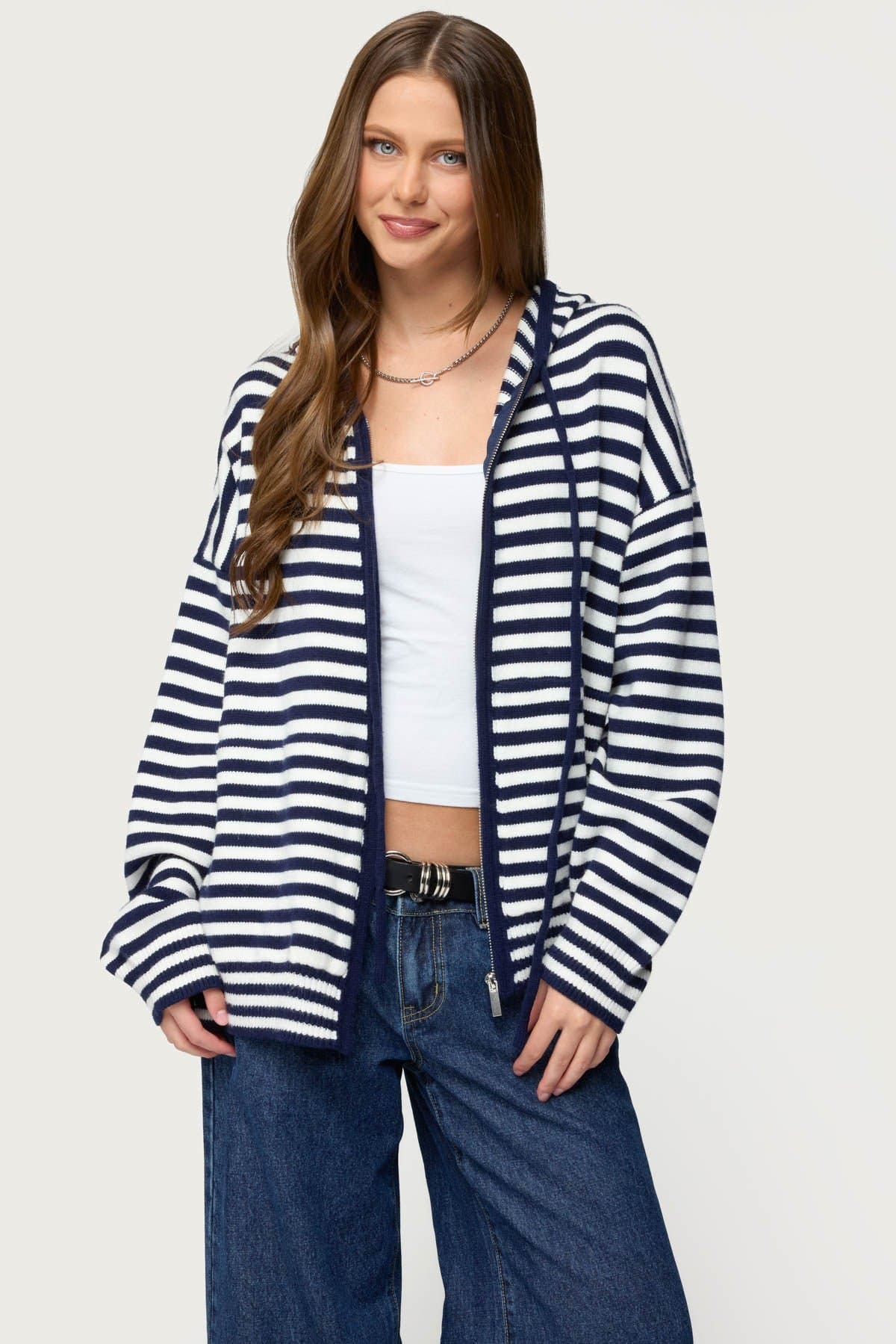Safari Striped Knit Zip-Up Hoodie - Oversized Acrylic Fit with Contrast Trim
