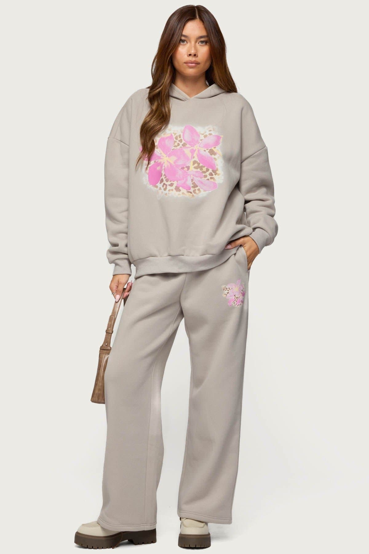 Wild Petal Oversized Hoodie - Flower Leopard Print Polyester Cotton