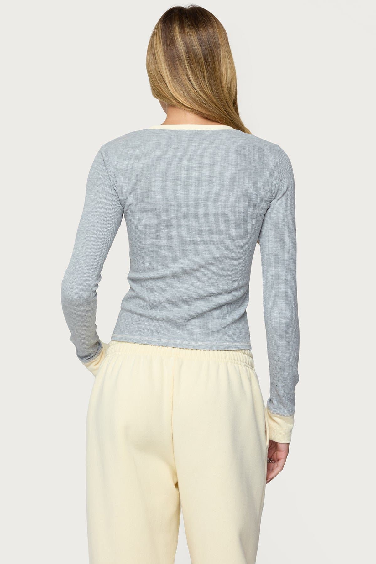 Rora Contrast Long Sleeve Waffle Top - Cotton Polyester Spandex Blend