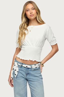 Emanuelle Smocked Boat Neck Top - Cotton Spandex