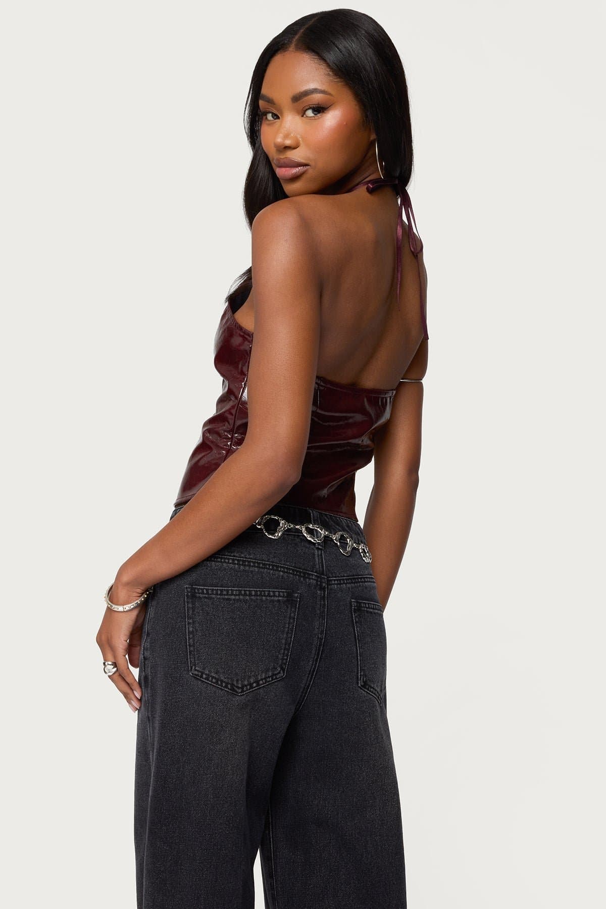 Hailie Faux Leather Halter Top - Black Polyurethane Rayon Neck Tie Closure