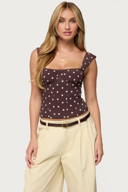 Marcella Wide Strap Corset with Cupped Construction, Boned Bodice, Polka Dot Print