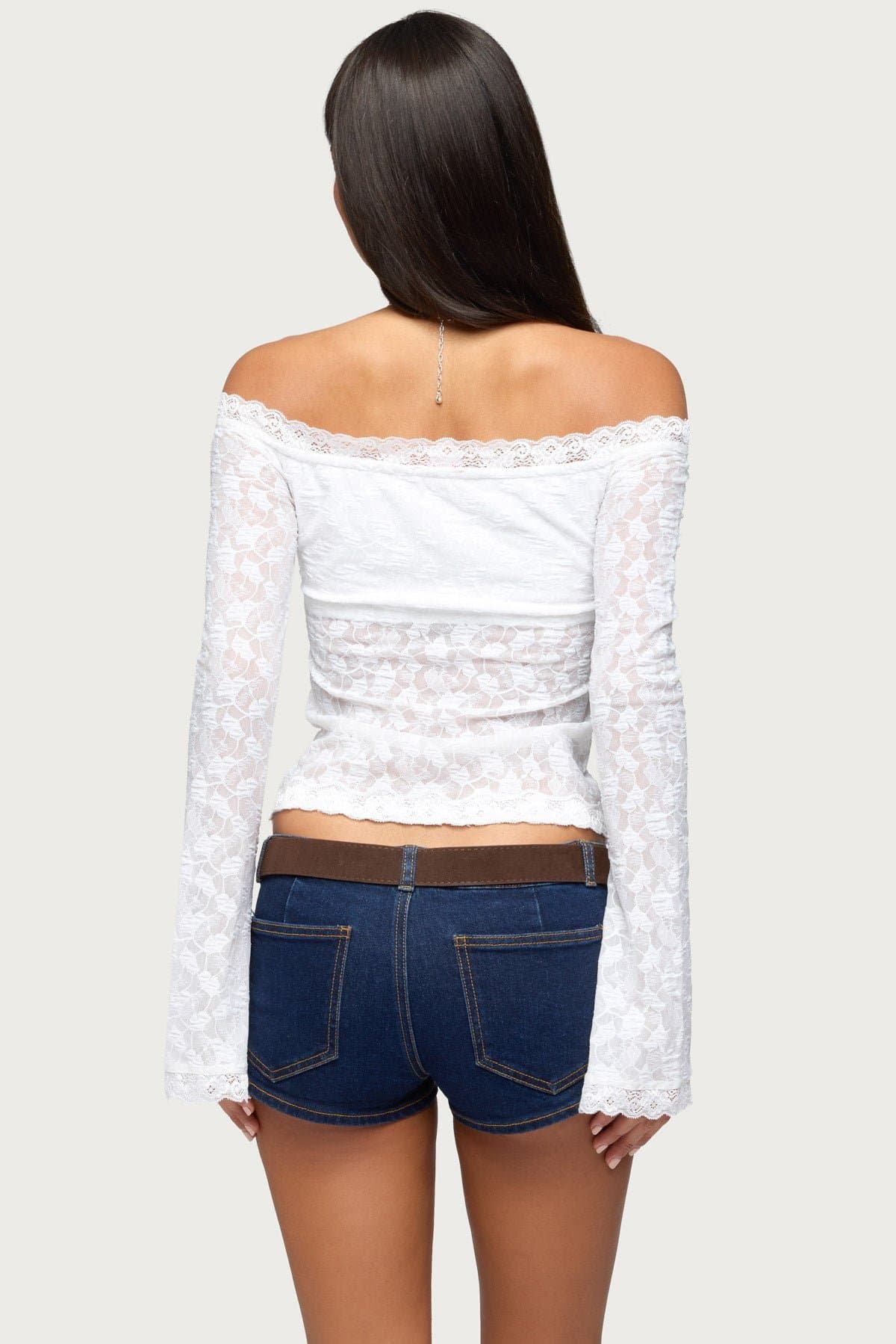 Off Shoulder Lace Top with Built-in Bra - Long Flared Sleeves, Scalloped Trim