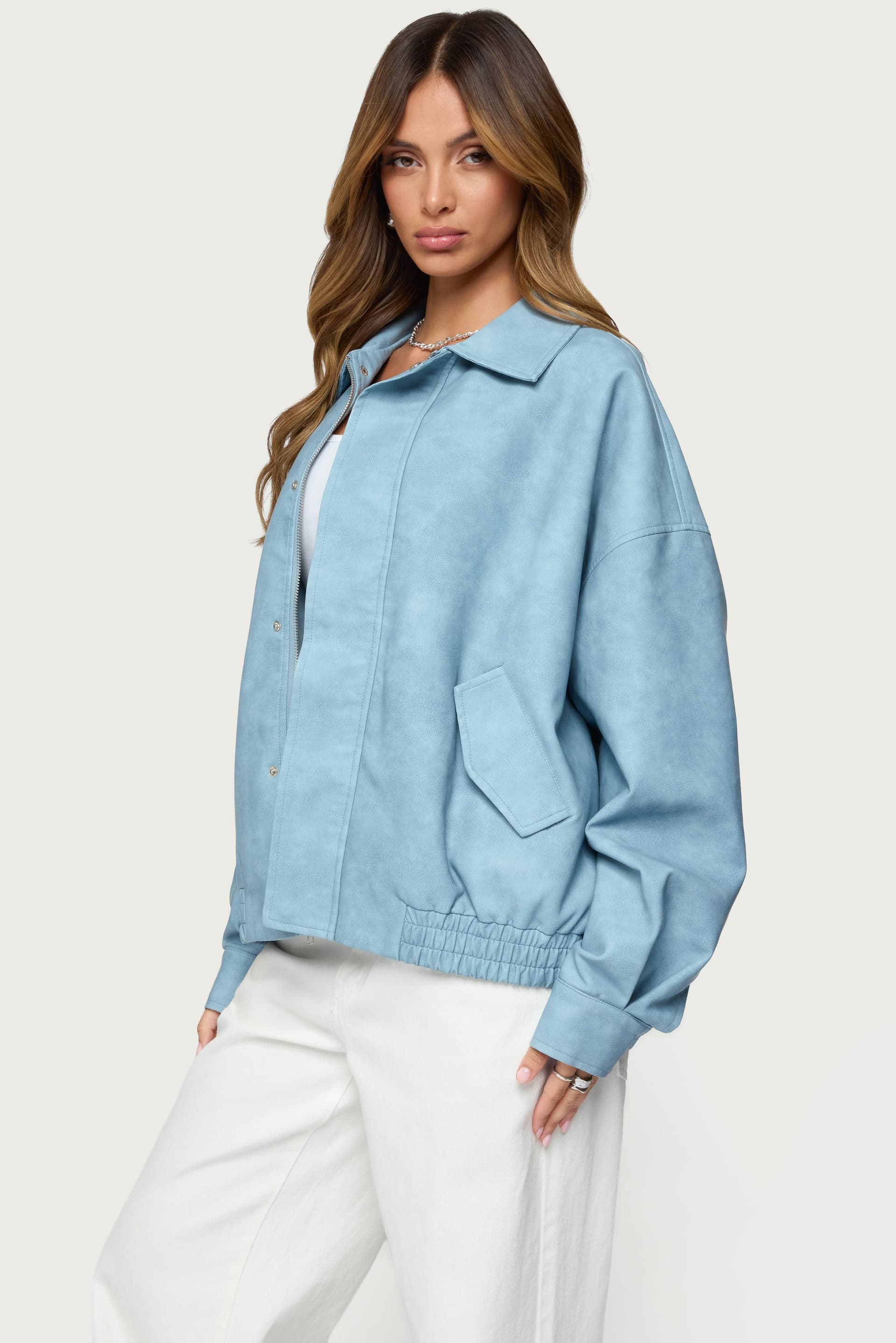 Oversized Washed Faux Leather Jacket - Polyurethane Polyester Classic Collar Flap Pockets