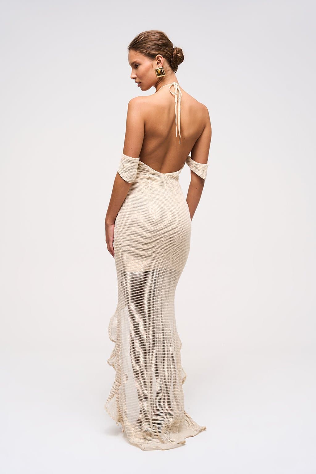 Veil Plunge Ruffle Maxi Dress in Ivory - Crochet-Like Fabric, Adjustable Straps, Lined Bodice