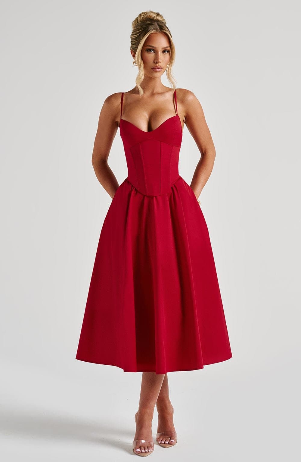 Mariella Midi Dress - Red Cotton Blend Corseted Bodice Full Skirt