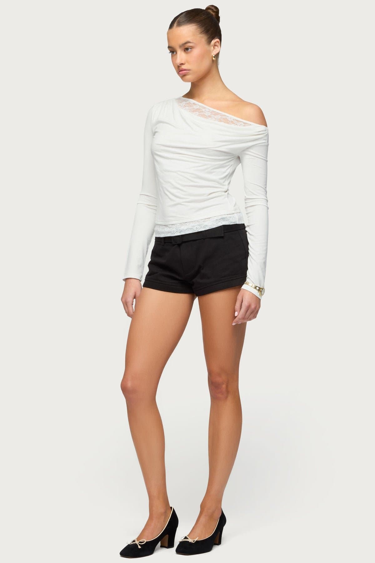 Layered Lacey Off Shoulder Long Sleeve Top - Rayon Spandex Cowl Neck