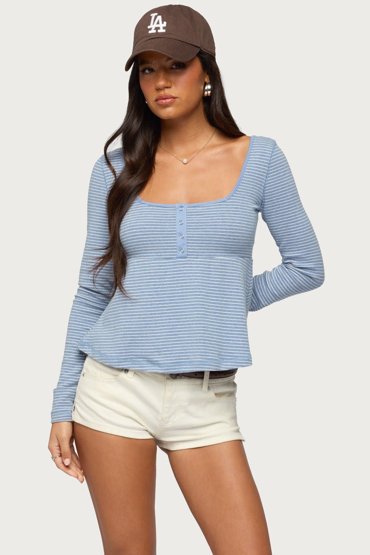 Sare Striped Babydoll Henley Top - Long Sleeve Square Neck Cotton Polyester Spandex