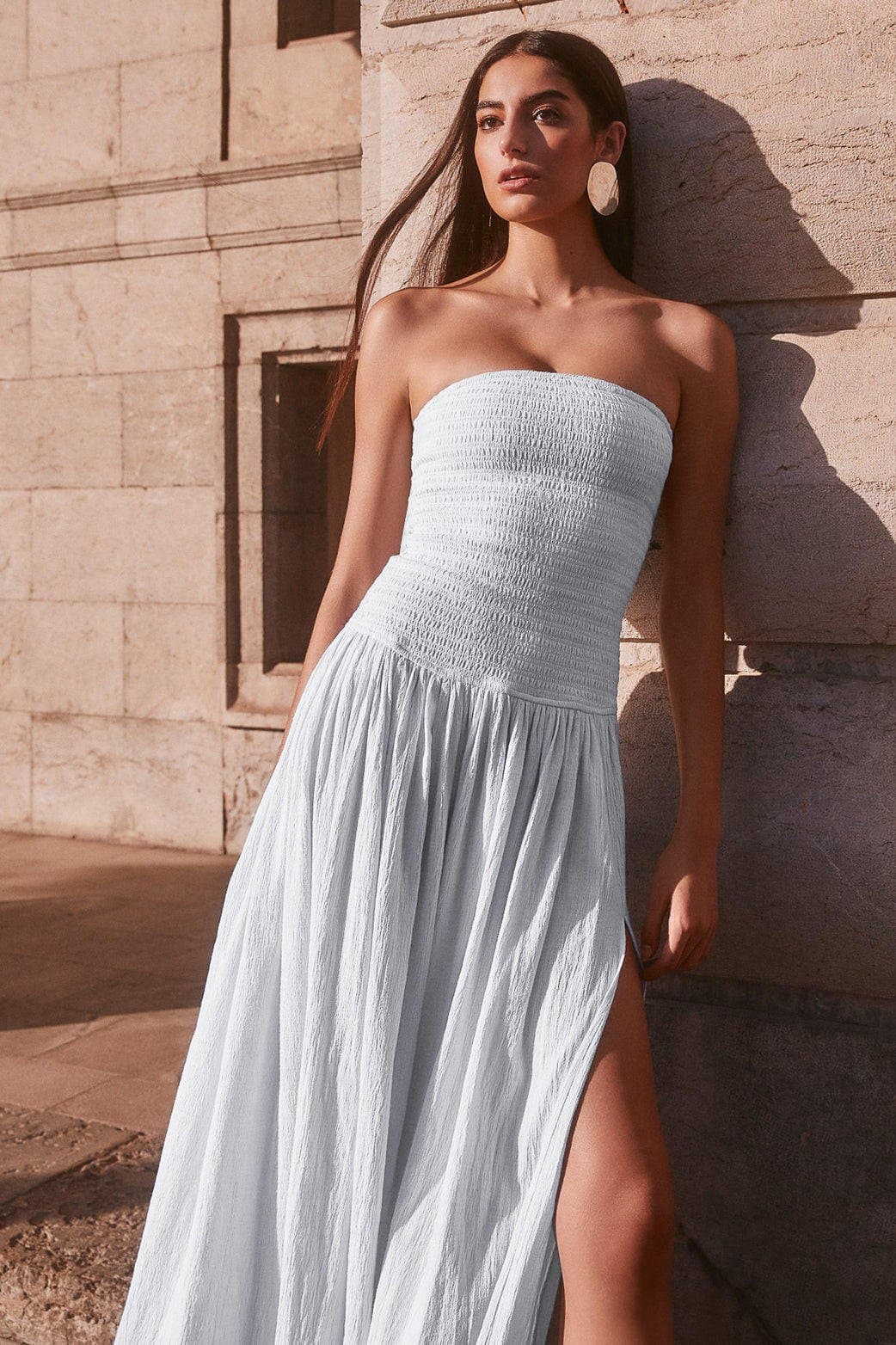 Smocked Strapless Maxi Dress – Flowy Pleated Skirt Side Slit Summer Gown XS-L