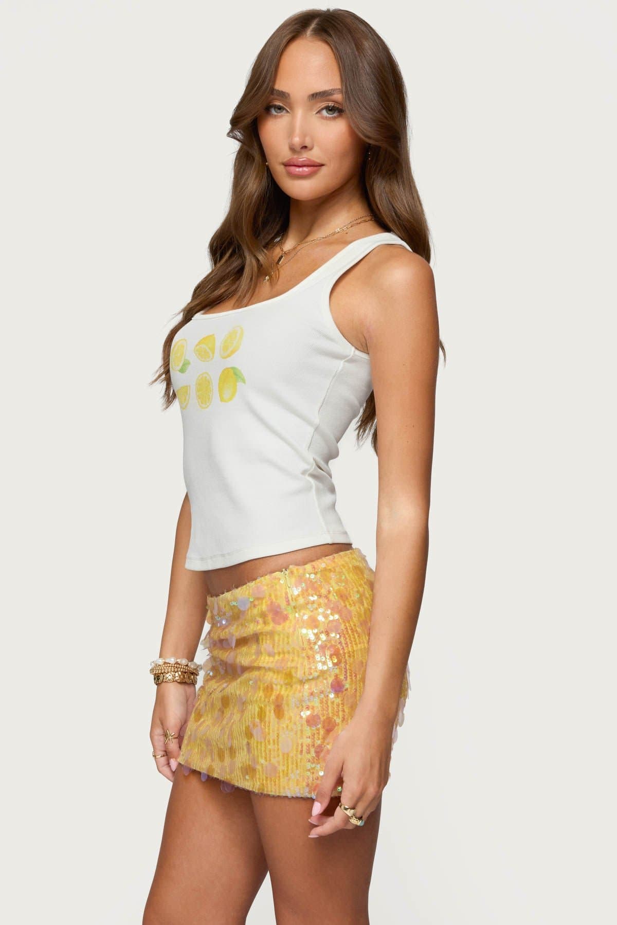 Lemon Drop Ribbed Tank Top - Square Neckline Graphic Print Cotton Spandex