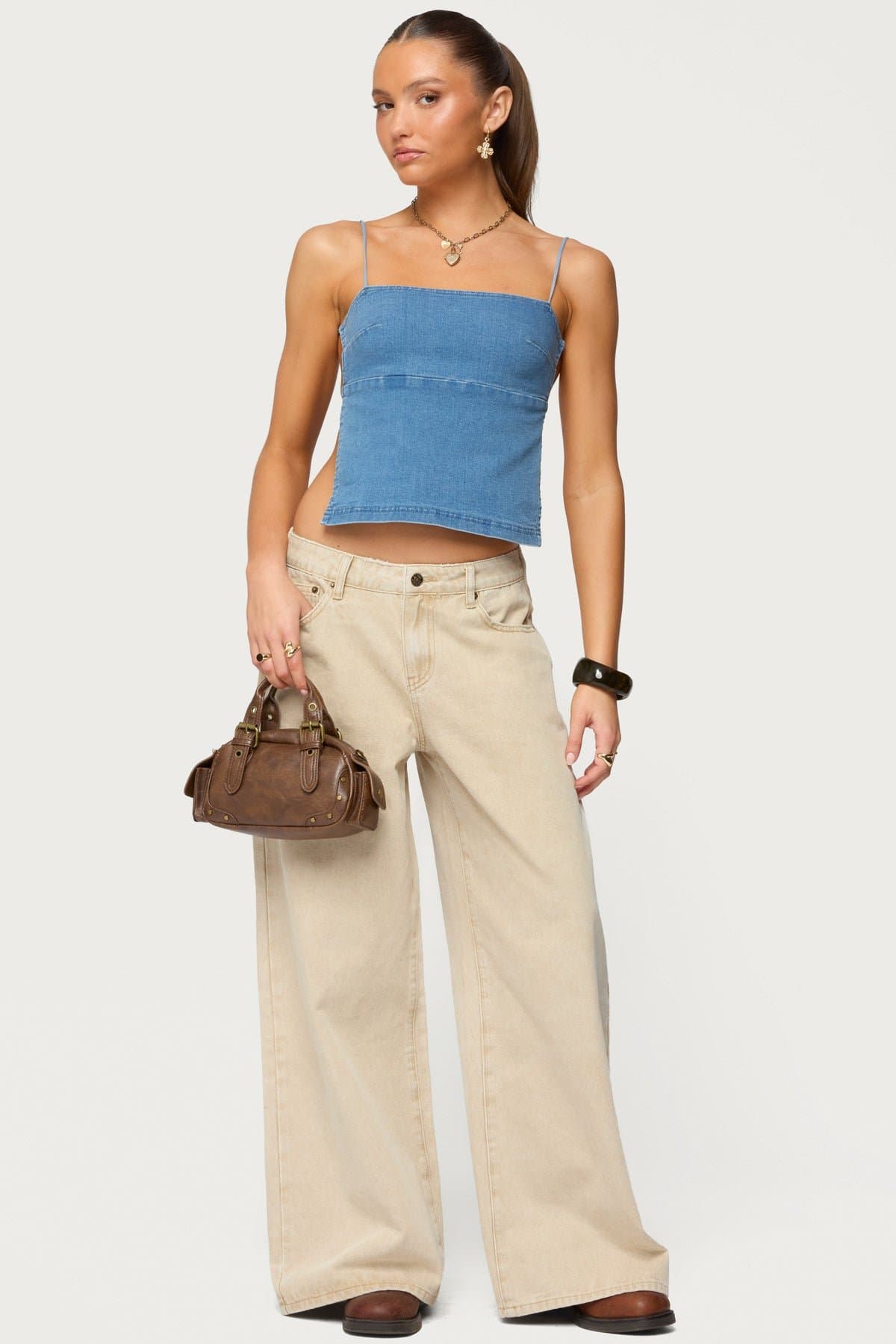 Conley Backless Denim Top with Adjustable Straps and Back Tie Closure