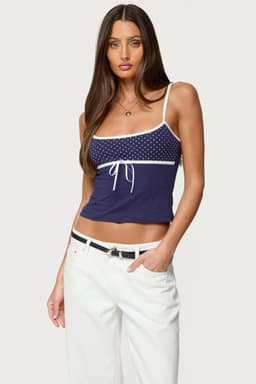 Rhoda Contrast Polka Dot Tank Top with Adjustable Straps and Ribbon Tie