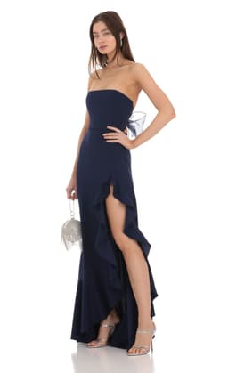 Strapless Back Bow Corset Maxi Dress in Navy