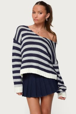 Eugenie Oversized Striped Sweater - V Neck Knit Acrylic with Contrast Cuffs