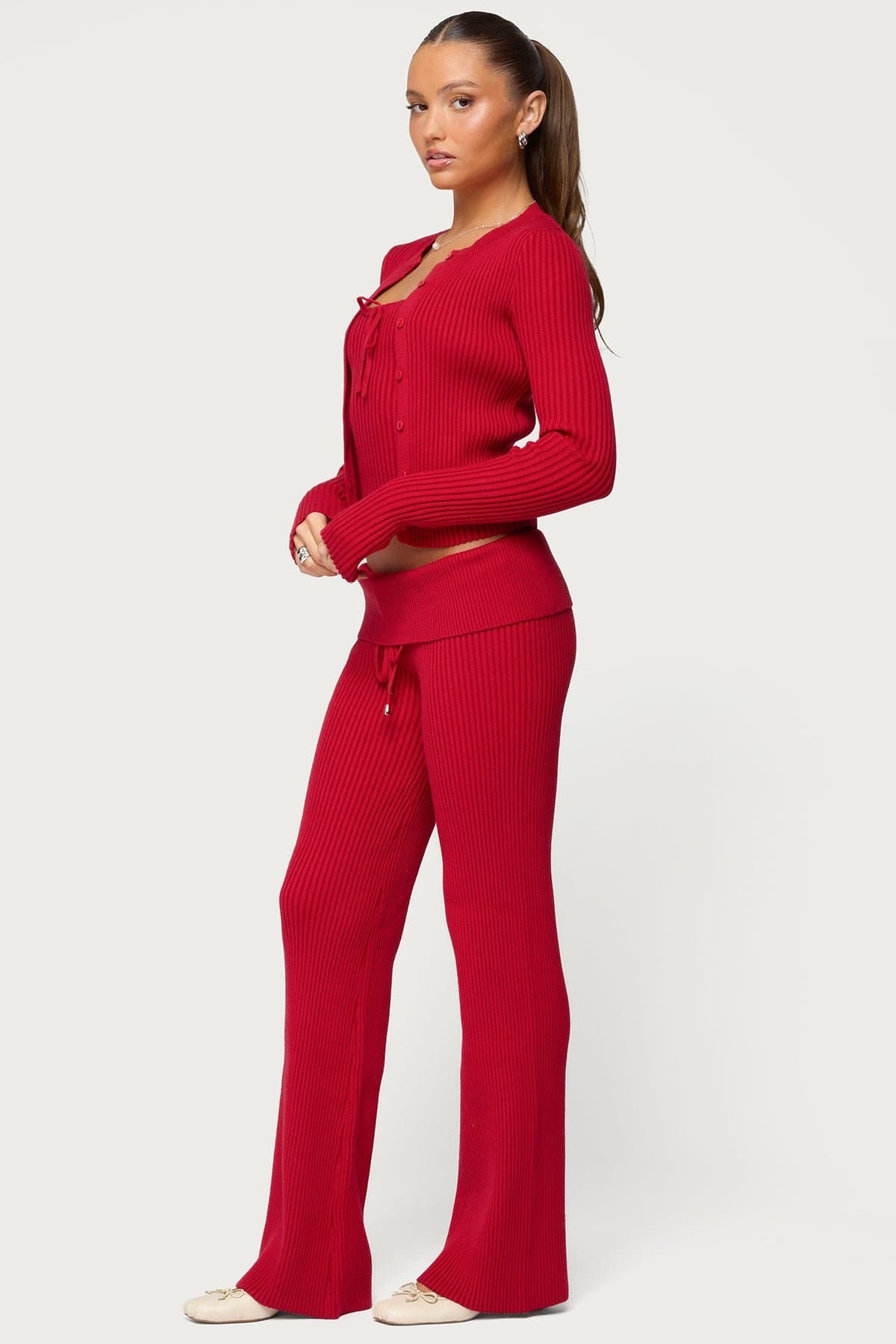 Adannah Ribbed Knit Button Up Cardigan - Rayon Polyester Nylon