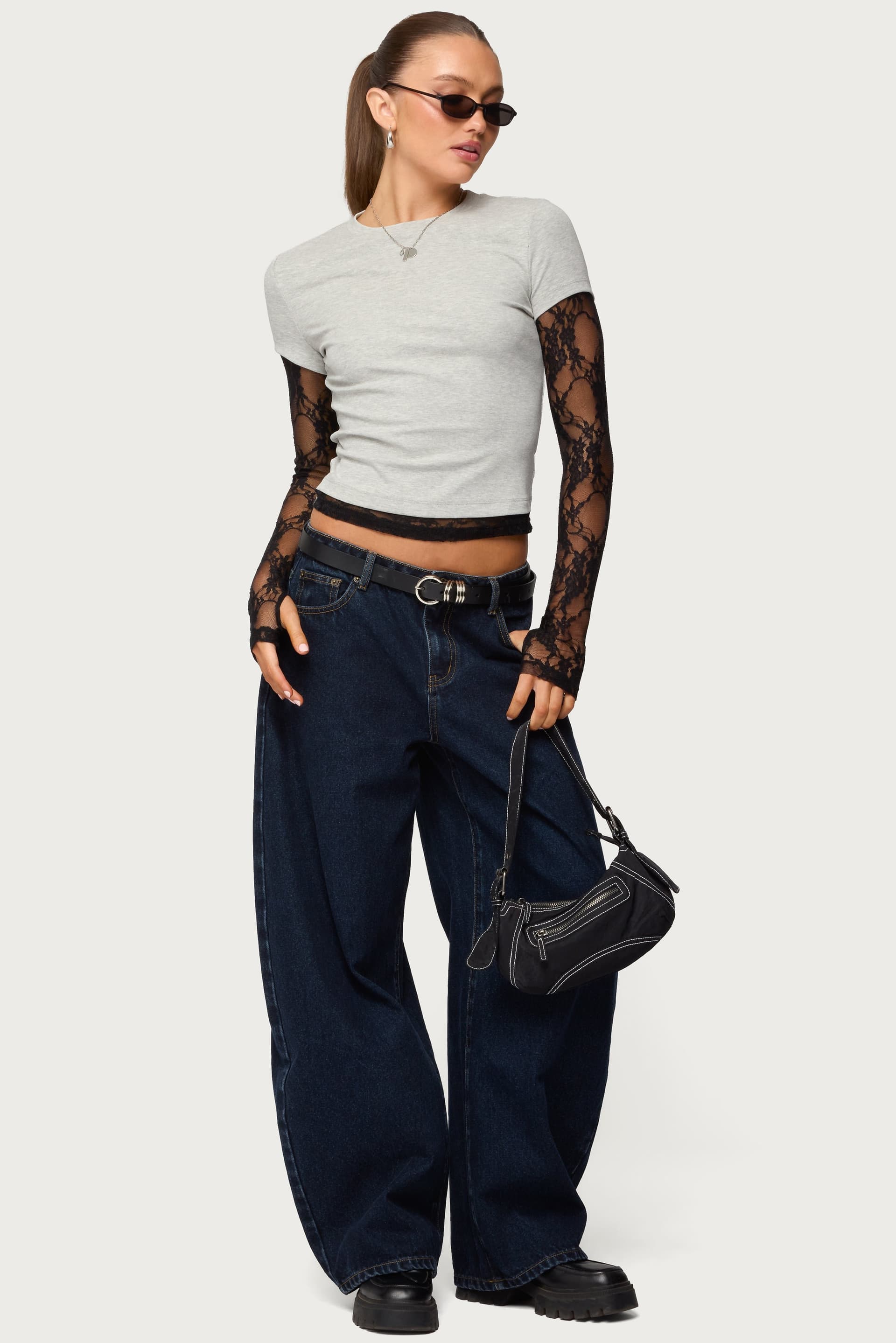 Layered Lace Sleeve Top with Sheer Long Sleeves and Thumb Holes - Cotton Polyester Spandex