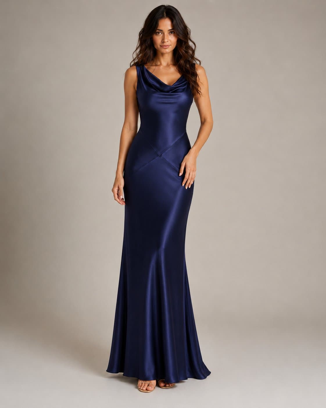 Women's Navy Blue Satin Maxi Dress – Cowl Neck Open Back Sleeveless Bodycon Mermaid Evening Gown