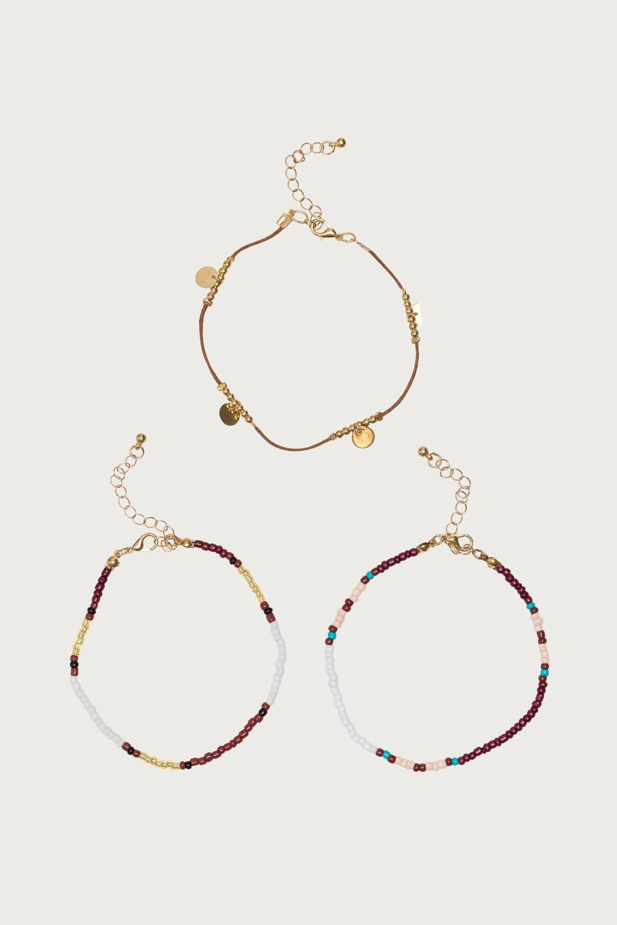 Bobo Anklet Pack - 3 Assorted Beaded Anklets in Plastic, Gold Tone Metal, Cotton, 8.7 Inch Length
