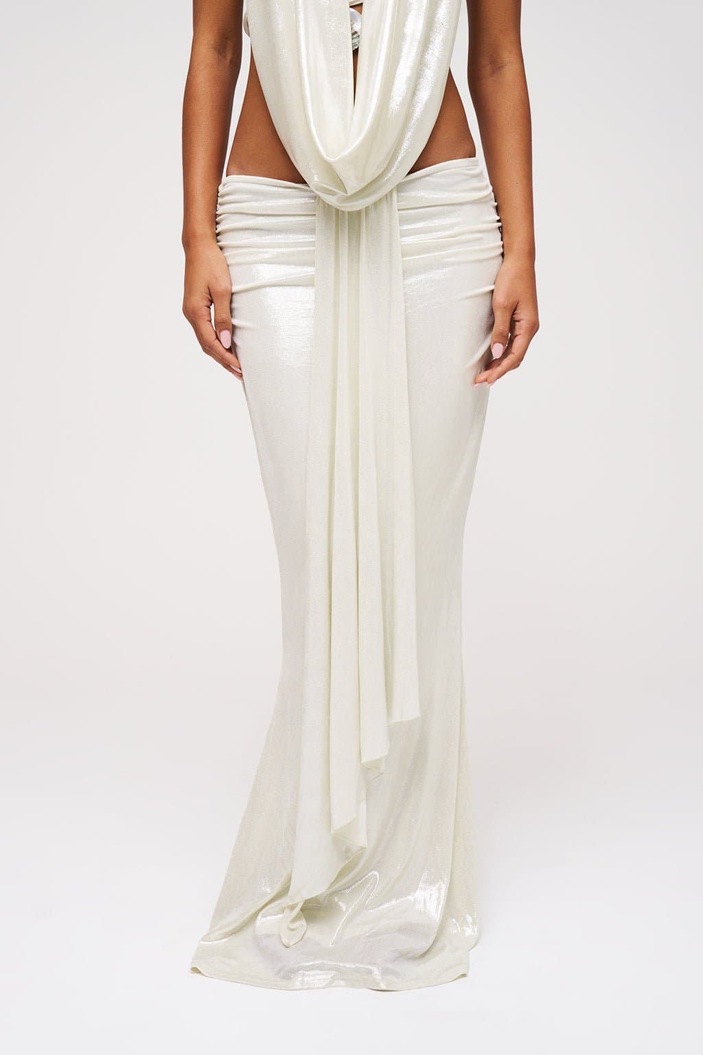 Pearl Maxi Fit and Flare Skirt with Ruching and Asymmetric Drape